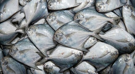 Obraz premium A large pile of fresh silver pomfret fish with detailed scales and fins glistening under natural light