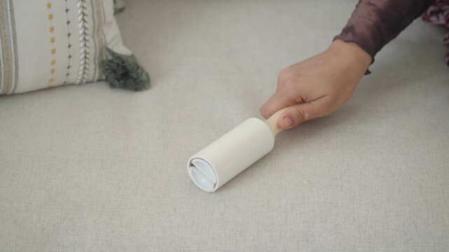 Using a lint roller to clean clothes and furniture