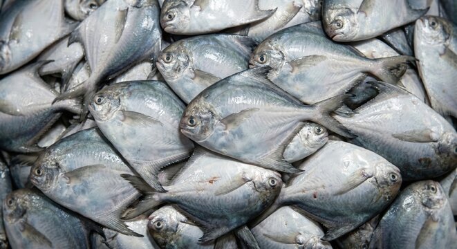 A large pile of fresh silver pomfret fish with detailed scales and fins glistening under natural light