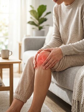 Woman suffering from severe knee pain sitting on sofa at home with red joint highlight