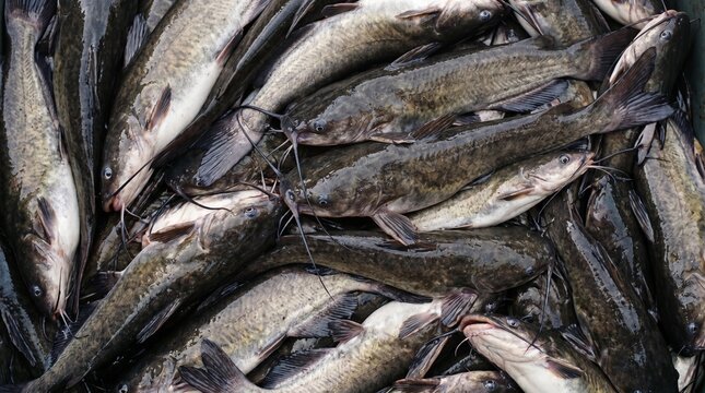 A large pile of freshly caught catfish with prominent whiskers and dark mottled skin filling the frame