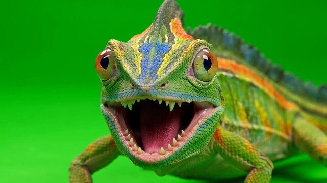 Close up of a colorful chameleon opening its mouth on a green screen background