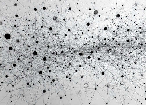 Abstract network of dots and lines. Black nodes connect across a soft gray field. Patterns suggest data flow or neural connections. Ideal for digital, tech, or scientific projects