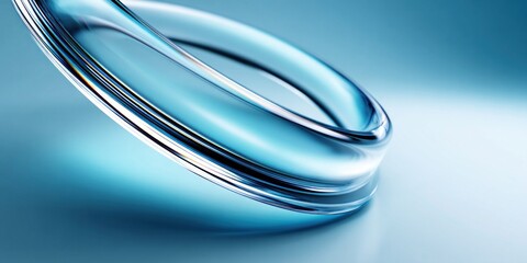 Fototapeta premium Close-up of a transparent blue glass ring with smooth curved edges and reflections