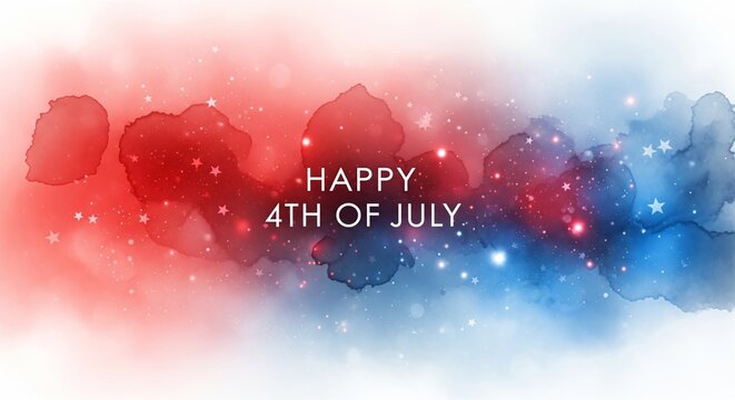 Abstract watercolor splash in red and blue with white stars and bokeh lights, featuring the text "Happy 4th of July" in the center, representing patriotic celebration and festive holiday themes.