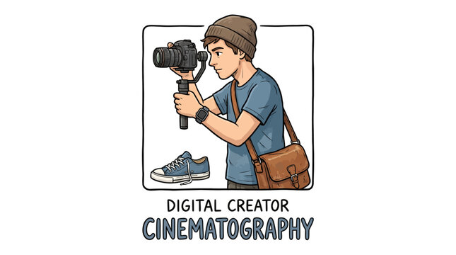 Digital creator cinematography logo with cartoon videographer and camera