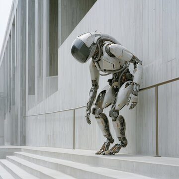 White robot leans on railing, appearing tired or contemplative. Its metallic limbs and head reflect modern design. Steps and walls form stark, minimalist background