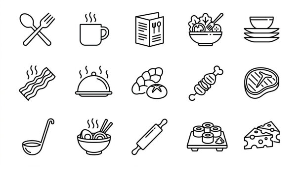 Modern monoline food and kitchen icon collection with cafe menu burger sushi and steak vectors