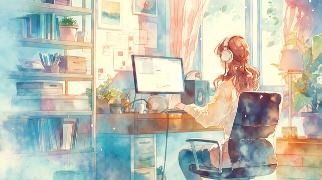静かな部屋でヘッドホンを着けてパソコン作業をする女性を描いた手描き風イラスト。在宅勤務、テレワーク、リモートワーク、仕事、オンライン学習、プログラミング、創作活動、デスクワーク、集中、ホームオフィス、室内、机、モニター、スピーカー、暮らし、日常、人物、ライフスタイル