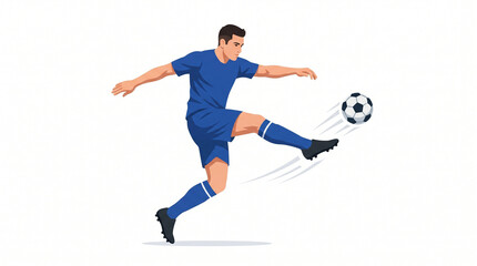 Fototapeta premium Football player in blue uniform performing mid-air volley kick isolated on white background