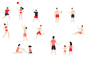 Fototapeta premium 夏のビーチで遊ぶ人たちのイラストセット