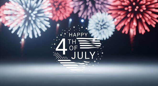 Happy 4th of July celebration with vibrant red and white fireworks exploding in the night sky above a reflective surface, festive patriotic holiday graphic design