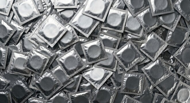 A large pile of individually wrapped silver foil condoms scattered across a flat surface individual packaging