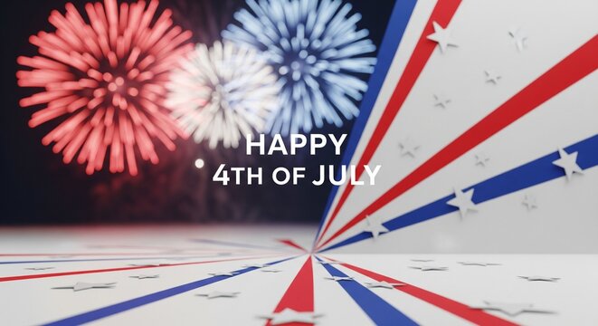 Happy 4th of July text overlay on patriotic background with red white and blue fireworks exploding in the night sky and star confetti scattered on the floor in a festive celebration scene