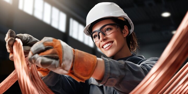 Woman worker in hard hat and safety glasses handling copper cables with gloved hands