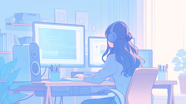 ホームオフィスでパソコン作業に集中するヘッドホン姿の女性を描いた手描き風イラスト。在宅ワーク、テレワーク、リモートワーク、仕事、デスクワーク、プログラミング、コーディング、動画編集、クリエイティブ、室内、書斎、机、モニター、スピーカー、暮らし、日常、作業環境、ライフスタイル、人物素材、挿絵、ブログ、広告、SNS、ビジネス記事に使いやすい汎用イメージ素材
