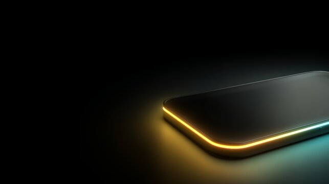 Sleek dark futuristic digital device with glowing orange to cyan gradient edge on pitch-black background for modern technology concepts.
