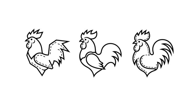 Three decorative rooster line art illustrations in black and white.