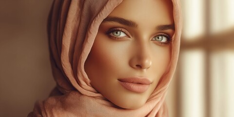 Fototapeta premium Elegant Arabic woman with striking green eyes wearing a soft pastel hijab