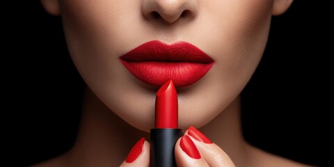 Fototapeta premium Close-up of a woman applying bold red lipstick for a glamorous look