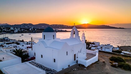 Fototapeta premium Whitewashed Greek church by serene sea.