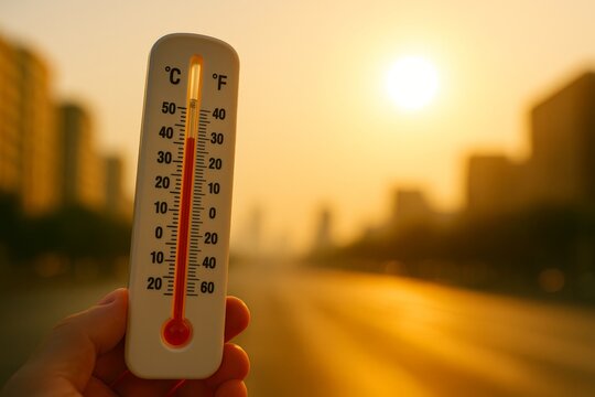 Hand holds a high-reading thermometer marked "C" and "F" on a glowing city road at sunset. Concept of heatwave, extreme heat, urban warming. For weather heatwave article