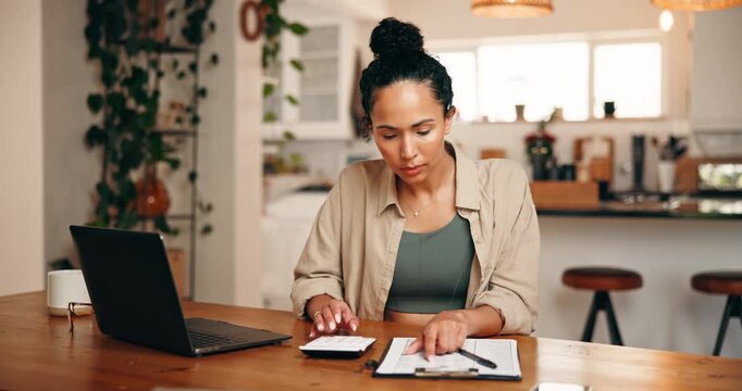Calculator, documents and finance with woman in home for budget, investment or wealth management. Laptop, paperwork and planning with person in apartment for banking, financial portfolio or savings