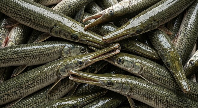 A pile of freshly caught longnose gar fish with green scales and sharp teeth displayed closely together