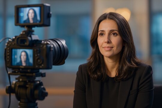 Woman in dark blazer before a camera, her face on the screen during an indoor interview. Concept of media production and pro portrait. For blog post about video interview