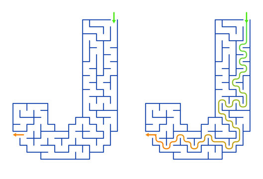 Maze activity in the shape of the letter J for kids learning  