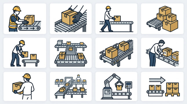 Factory production line with workers and automated machinery.