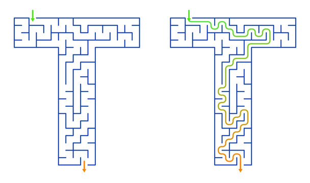 T-shaped alphabet maze activity for kids with paths to solve  