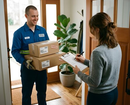 Delivery Worker Handing Packages to Customer Signing Clipboard at Home Entrance