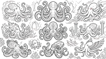 Intricate octopus coloring page set, detailed line art sea creature illustrations, 9 fantasy kraken and cephalopod vector icons for adults © chouadhrynuman