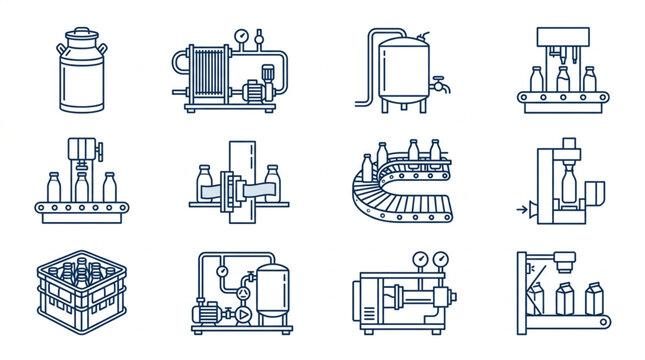 Industrial Manufacturing Equipment Icons Set.