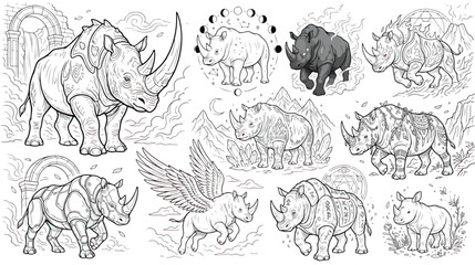 Mystical rhinoceros coloring page set, celestial rhino line art with moon phases and wings, 10 fantasy animal vector illustrations for adult relaxation © chouadhrynuman