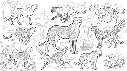 Mystical cheetah line art collection, celestial wild cat illustrations with wings and patterns, 10 fantasy leopard vector elements for coloring © chouadhrynuman