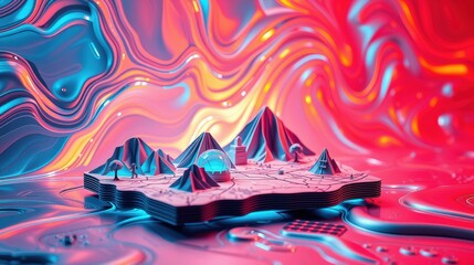 Obraz premium Abstract landscape features layered terrain, vibrant colors. Dome structure stands out amid stylized mountains, fluid background.