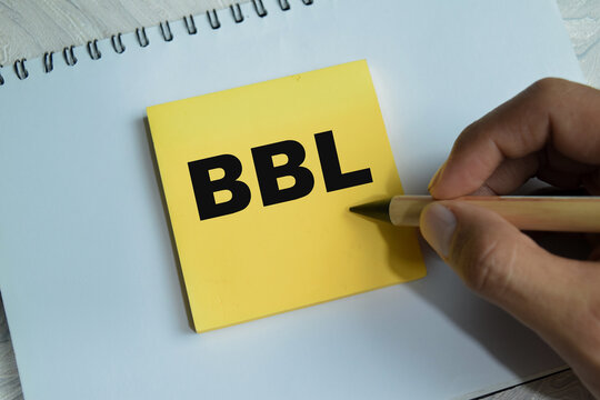 Concept of BBL - Be Back Later write on sticky notes isolated on Wooden Table.