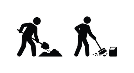 Two figures with digging tools and cleanup equipment in a black silhouette gardening landscaping maintenance shovel © Gahima