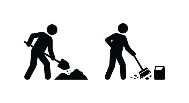 Two figures with digging tools and cleanup equipment in a black silhouette gardening landscaping maintenance shovel