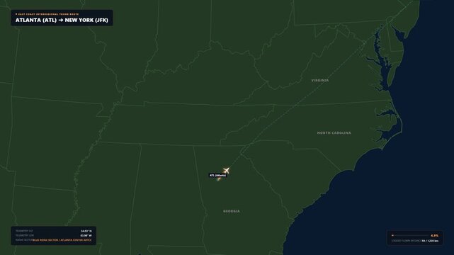 Commercial passenger airplane flight path visualization map from Atlanta ATL United States Georgia to New York JFK New York for aviation transit asset
