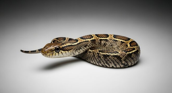 A close up studio shot of a venomous Russell Viper snake coiled on a plain background.