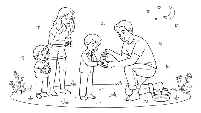 Line art family catching fireflies in jars at night, coloring book page of parents and children outdoors, black and white vector illustration of summer evening