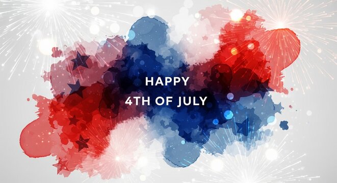 Abstract watercolor splash in red and blue with stars and fireworks, text "Happy 4th of July" overlay, festive patriotic background design for Independence Day celebrations and American holidays.
