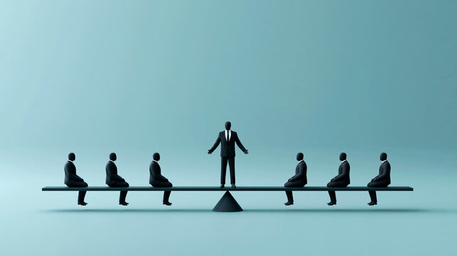 Leadership Balance: A solitary figure stands tall on a seesaw, representing leadership and authority, while a group of subordinates sits on either side.