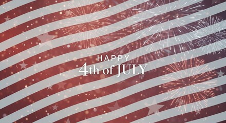 Obraz premium Happy 4th of July greeting with American flag stripes and fireworks celebration, patriotic holiday background with stars and bokeh lights, festive digital art illustration