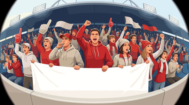 Passionate crowd of fans in a stadium, cheering enthusiastically and holding a blank banner for custom text, capturing the thrilling atmosphere of a live event