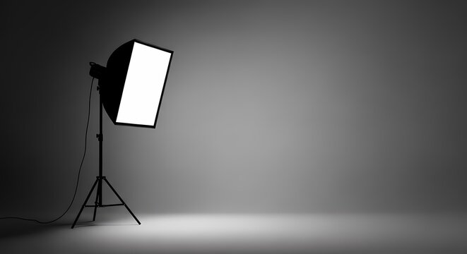 Studio lighting setup: Softbox on tripod illuminating a gray background