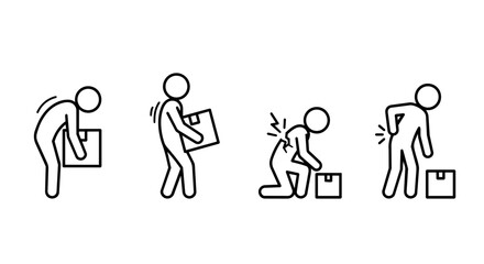 Fototapeta premium Stick figure back pain and lifting injury line art vector icon set. Incorrect lifting posture, ergonomics, spine hurt, and occupational safety concept.